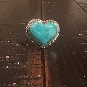 Navajo Larson Chee Kingman Turquoise Heart Sterling Silver Adjustable Ring
